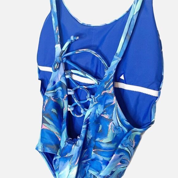 Ekouear Blue Leaf Print Women's One Piece Swimsuit - Picture 7 of 10